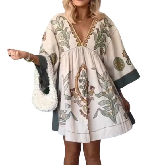 Veveret Dresses & Skirts - Veveret Flowy Boho Embroidered Mini Dress Boxy Oversized Khaki Green Size S